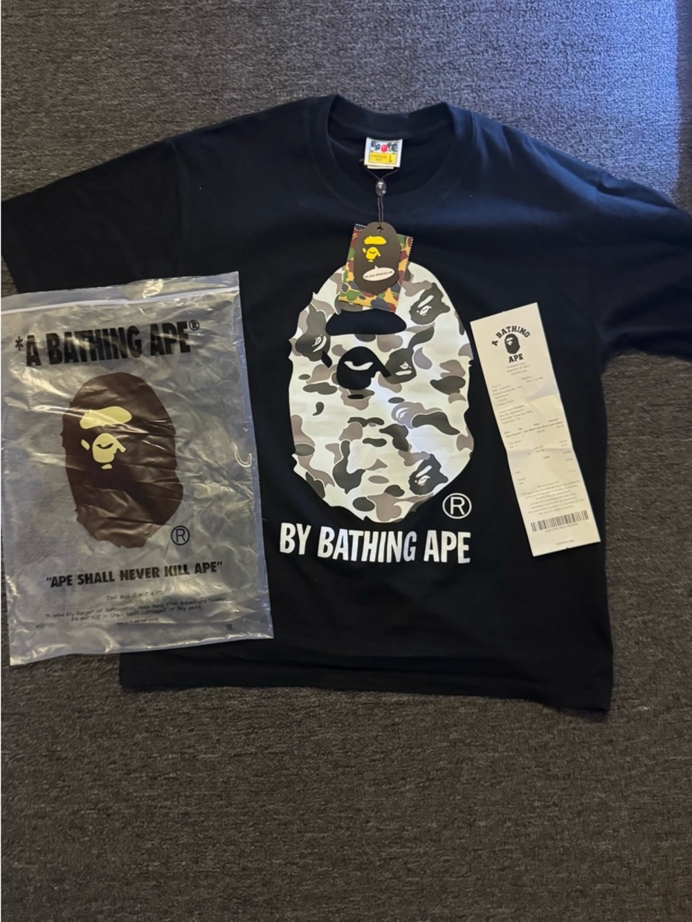 Bape Black Tee with White & Gray Camo Ape Head